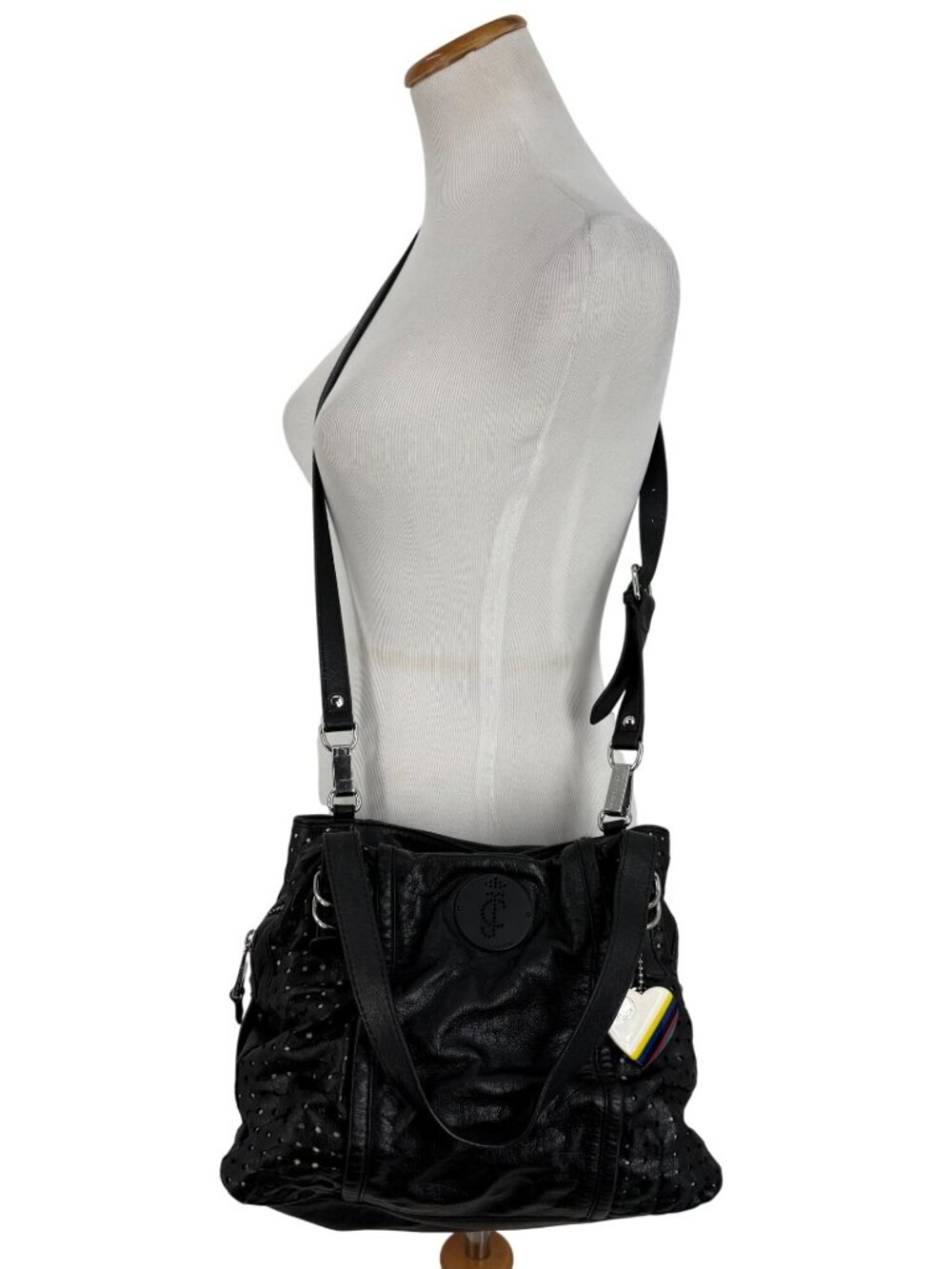 RARE VTG Juicy Couture Perforated Leather Triple-Compartment Crossbody Hobo Bag - Picture 15 of 16